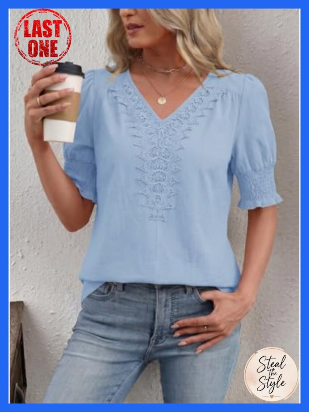 Womens Boho Peasant Blouse Crochet Lace V Neck Short Puff Sleeve Summer Top - Picture 4 of 6